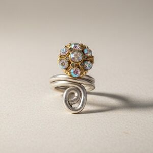 Silver Tone Aurora Borealis Cluster Ring Silver Twisty Swirly Multicolor DAZZLE